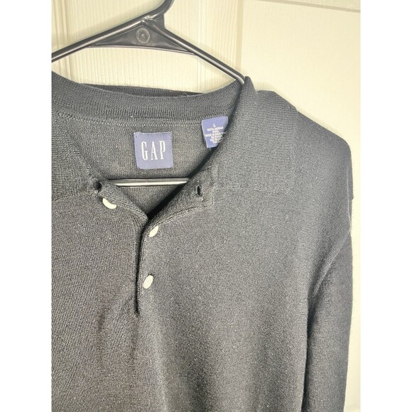 Gap 100% Merino Wool Mens Large Tall Black Long Sleeve Three Button Polo - Picture 2 of 7